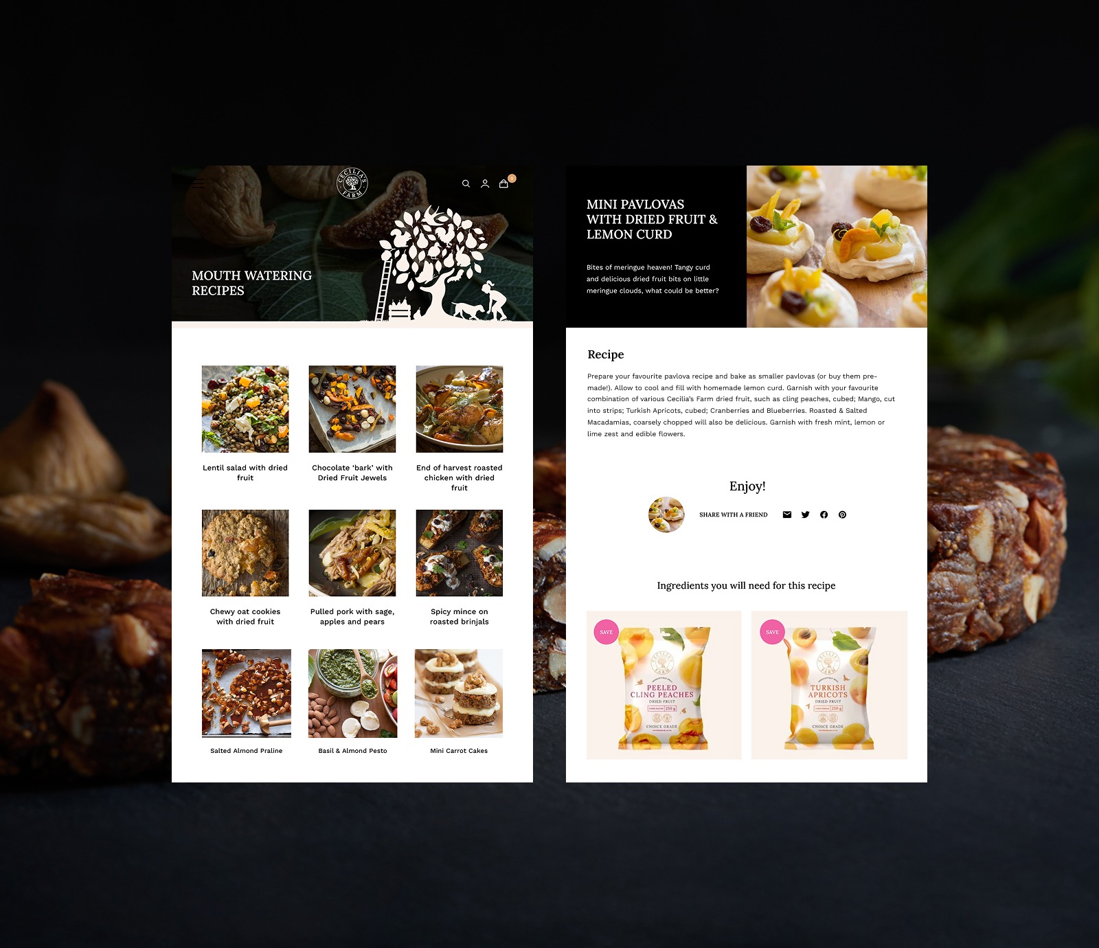 Cecilia's Farm recipe page UI