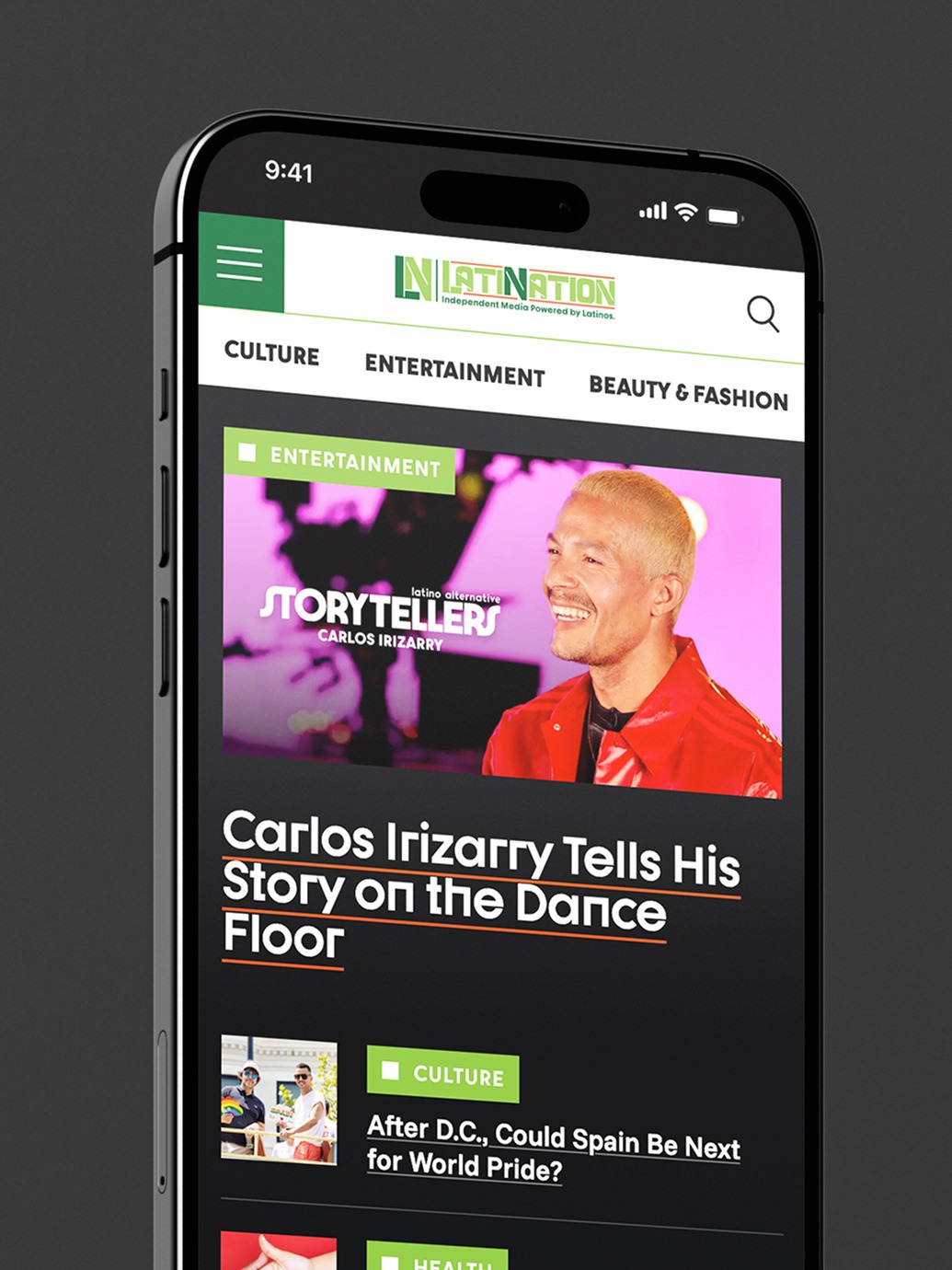 LatiNation mobile screen featuring storytellers section